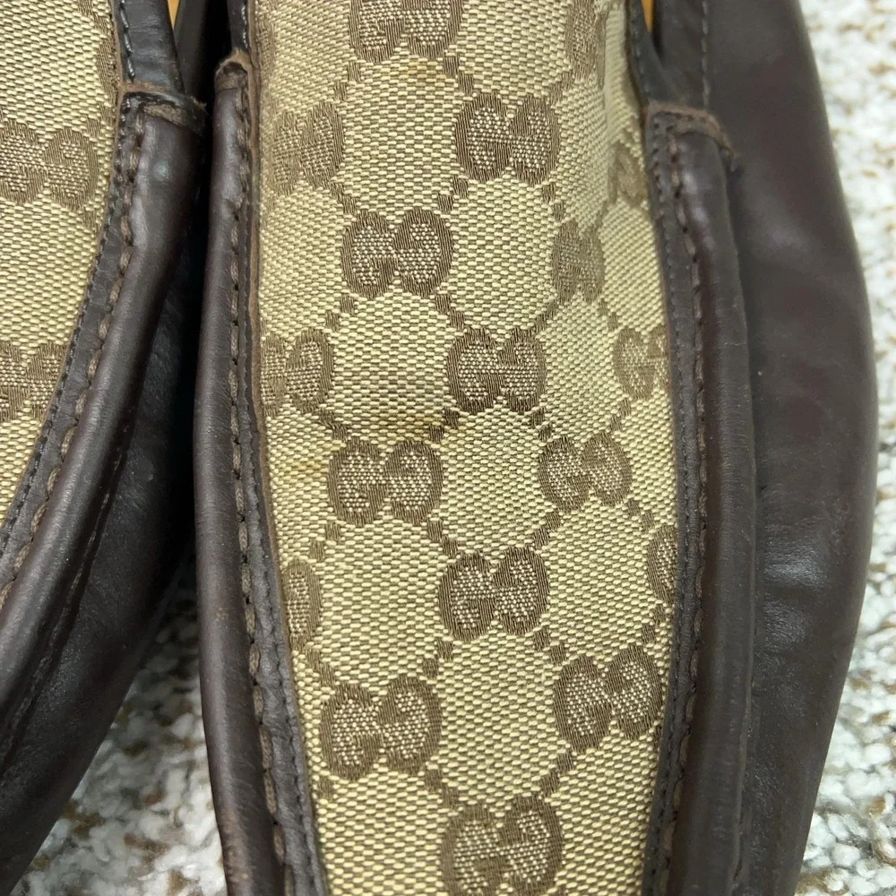 Gucci Mens Shoes Size 7.5 Brown Leather Canvas Loafers Slip On GG Monogram Italy